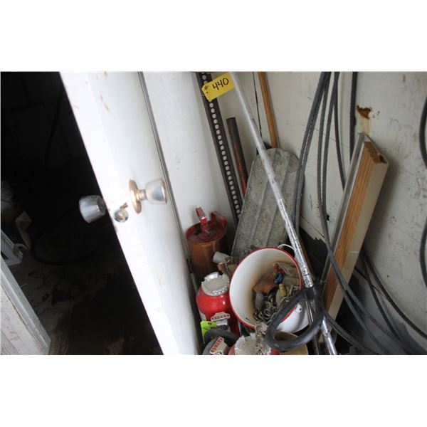 JACKALL, WEED EATER, BATTERY, CABLE, FIRE EXTINGUISHERS AND MISC. IN CORNER