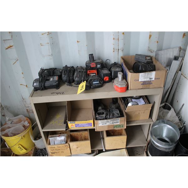 QTY. OF CHARGERS AND BATTERIES C/W MISC. AND METAL SHELF