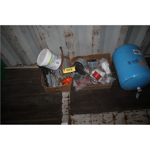2 BOXES OF MISC. AND BLUE PRESSURE TANK