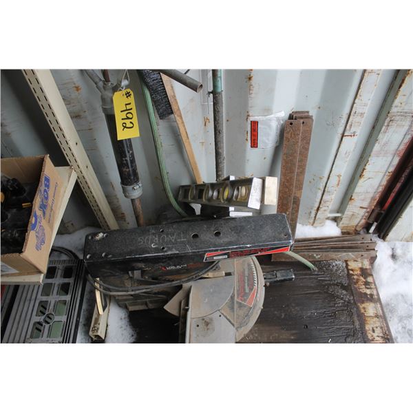 MITRE SAW, OIL PUMP, LEVELS, SQUARES
