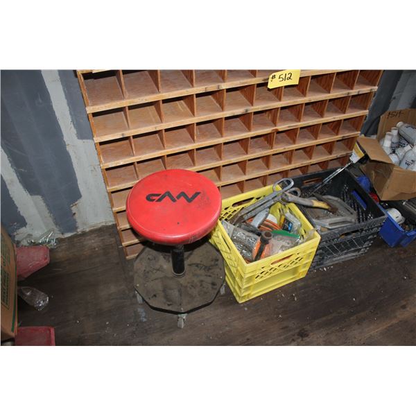 WOOD BOLT BIN, HILTI BOLTS, CHAIR, TOOLS