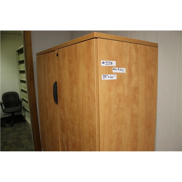 STORAGE CABINET C/W KEYS (NEEDS SCREW IN HINGE). ARE LOCATED IN REDWATER, JDR INSURANCE OFFICE, 1 BL