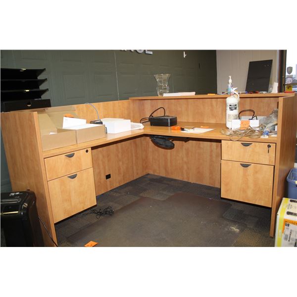 L-SHAPED RECEPTION DESK W/ COUNTER. ARE LOCATED IN REDWATER, JDR INSURANCE OFFICE, 1 BLOCK EAST OF T