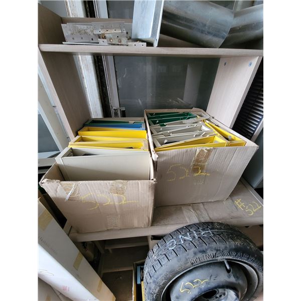 3 NEW TOILET TANKS, QTY OF PLASTIC ELBOWS, GREY AND BROWN CABINET C/W MISC.