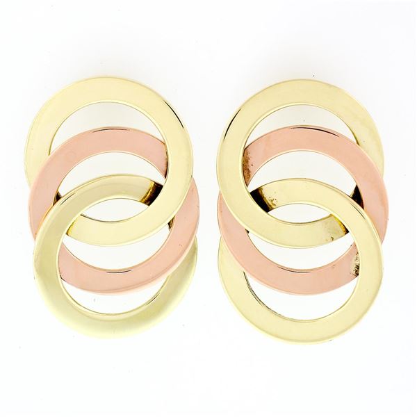 Solid 14k Yellow & Rose Gold Triple Interlocked Circle Ring Drop Dangle Earrings