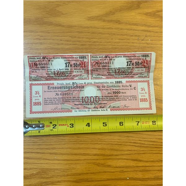 1934 1000 MARK GERMAN BOND CERTIFICATE
