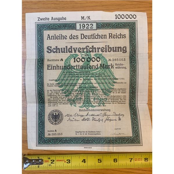 1922 GERMAN BOND CERTIFICATE