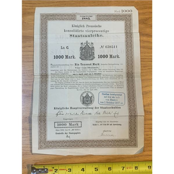 1897 GERMAN BOND CERTIFICATE