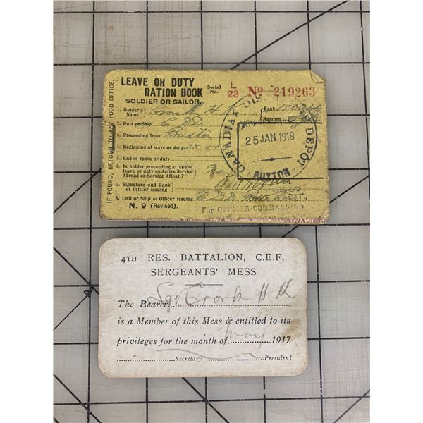 WW1 SOLDIERS MESS AND LEAVE RATION PAPERS