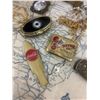 Image 2 : Tin Of Collectibles - Needle Tin, COKE pc, Knife, Keys, Flag, Costume Jewelry