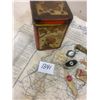 Image 5 : Tin Of Collectibles - Needle Tin, COKE pc, Knife, Keys, Flag, Costume Jewelry