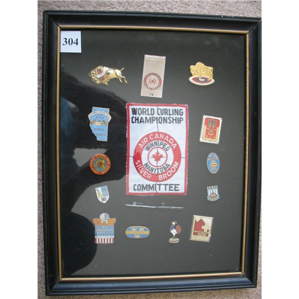 FRAMED CURLING LAPEL PINS - Lot of 14 Pins and Patch