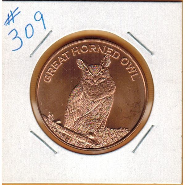 1 OUNCE COPPER  .999 FINE - GREAT HORNED OWL