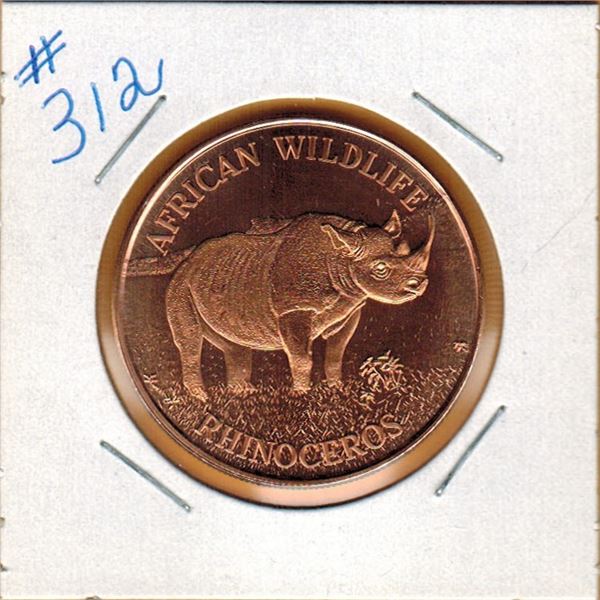 1 OUNCE COPPER  .999 FINE - AFRICAN WILDLIFE - RHINOCEROS