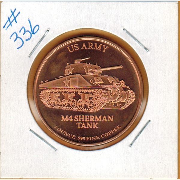 1 OUNCE COPPER  .999 FINE - US ARMY - M4 SHERMAN TANK
