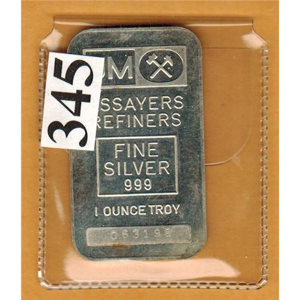 1 OUNCE SILVER - .999 FINE SILVER BAR - JM ASSAYERS