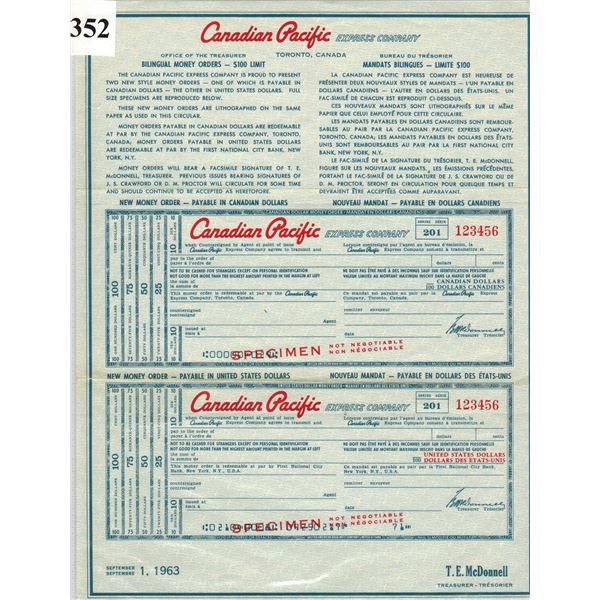 CANADIAN PACIFIC SPECIMEN SHEETS - MONEY ORDERS & TRAVELLERS CHEQUE