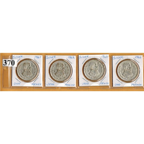 Lot of 4 Mexico Silver 1 Peso Coins (1961,  1962,  1963,  1966) - All Silver