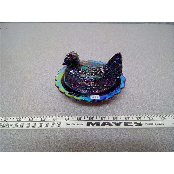 Blue Carnival Glass Hen on Nest