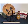 Image 1 : Rooster Fruit basket, recipe box & etched rooster on wooden wall plate.