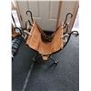 Image 3 : Heavy iron fireplace wood holder with a removable thick, riveted leather wood tote.