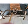 Image 5 : Heavy iron fireplace wood holder with a removable thick, riveted leather wood tote.