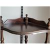 Image 2 : Vintage wood 3 tier corner shelf features ornate spindles.