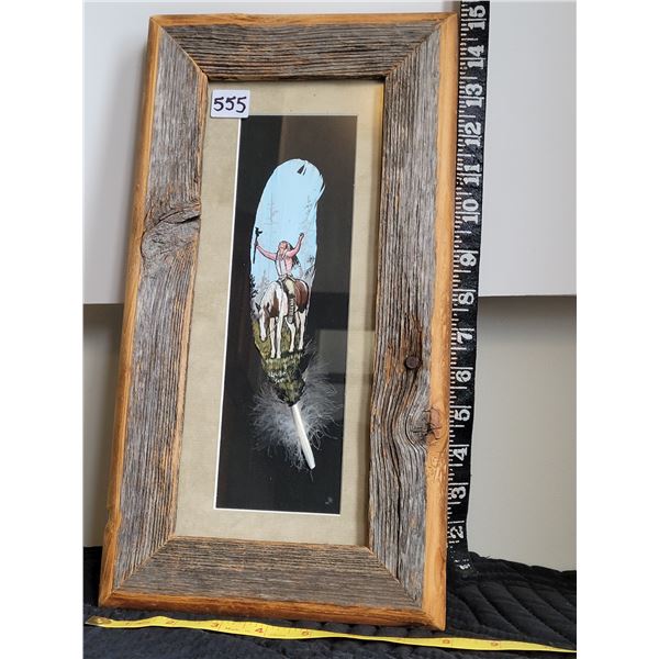 Authentic feather painting by  Metis artist Lucille Scott. Matted & framed in barn board.