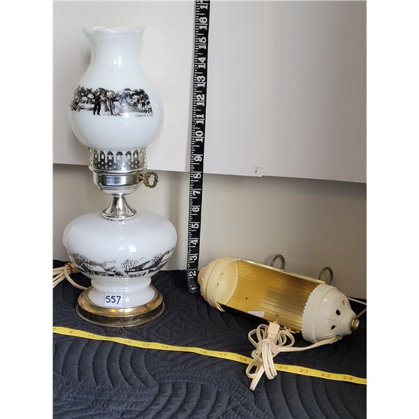 Vintage Currier & Ives electric lamp, plus a bakelite wall/ headboard light from Brooklyn New York.