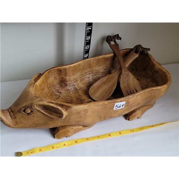 Hand carved wooden pig bowl with zebra handle carvings on fork & spoon.
