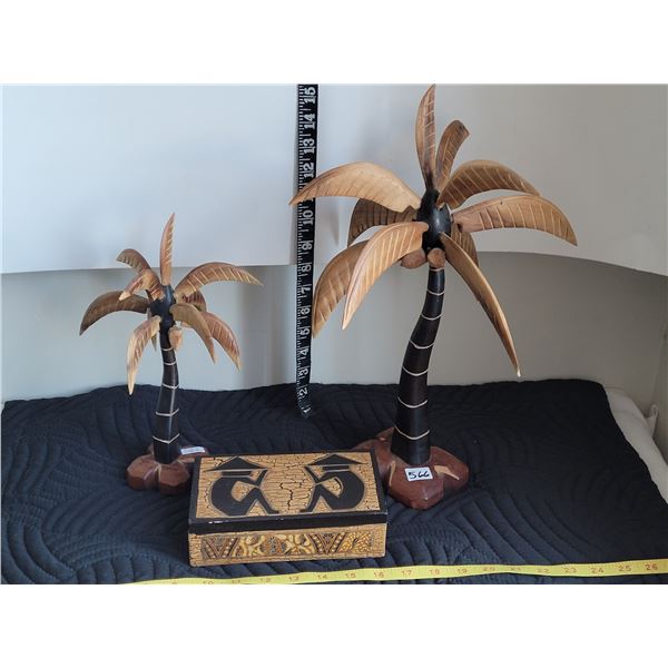 Wooden palm trees & carved wood box, made in Indonesia.
