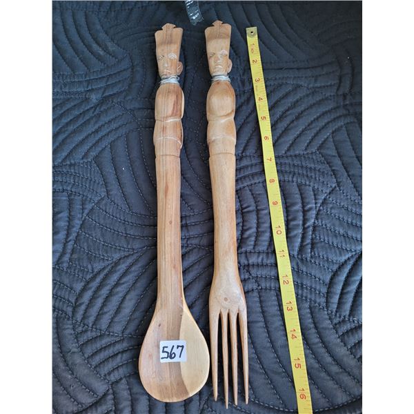 Vintage hand crafted African tribal bust head, wooden fork & spoon.