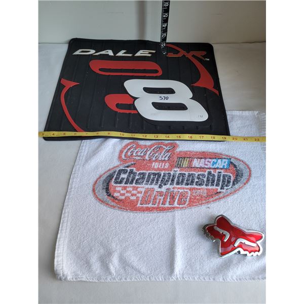 Dale Ernhart Jr. Rubber floor mat. Coca cola Nascar towel & Fox Rally belt buckle.