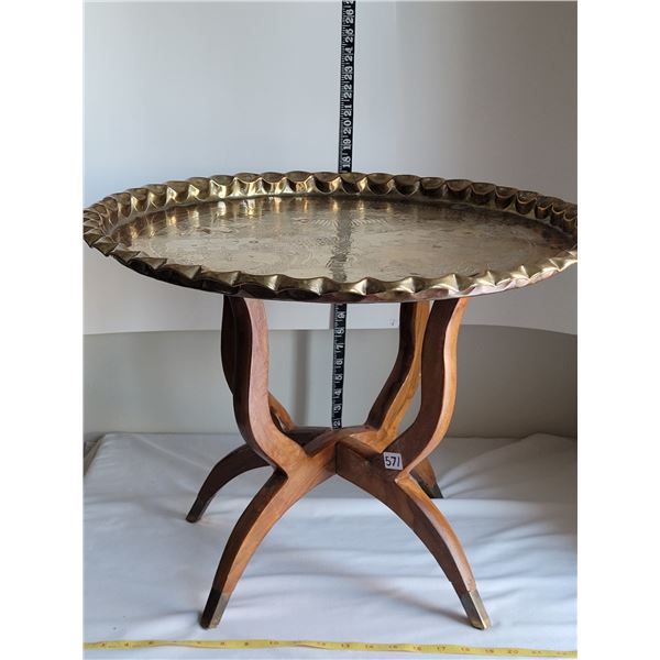 Vintage African folding side table with brass top, etched with african wildlife.