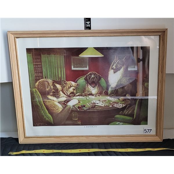 Vintage framed print by CM Coolidge.”A Waterloo” dogs playing poker.