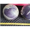 Image 2 : Set of 2 purple and tan 5 pin bowling balls in pink carry bag.