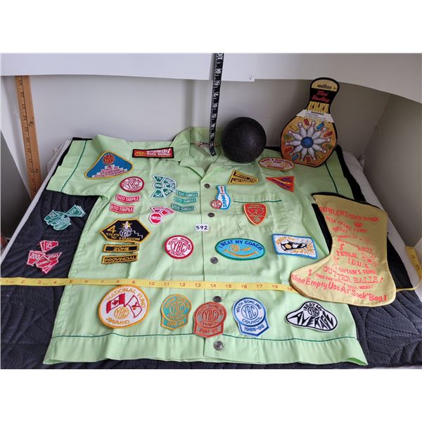 Vintage 5 pin bowling ball. YBC Minto bowl shirt with badges. Sock bank & mini bowl.