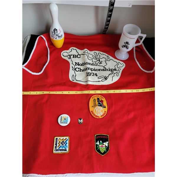 1974 YBC Officials vest, Nationals Ottawa Ont.  Personal badges, bowlers mug & vintage Jolly Wally p