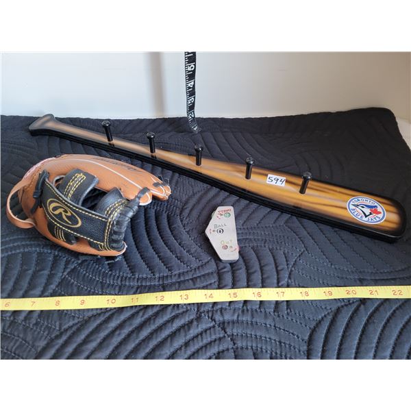 Blue Jays collector wall bat. Small Rawlings ball glove. Metal Inning score keeper.