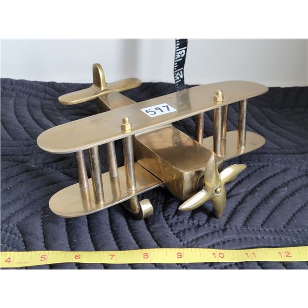 Solid brass Bi plane on skis. Moving propellor. Made in India.