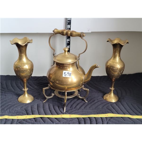 Vintage solid brass warming pot & 2 etched brass vases.