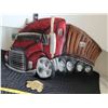 Image 1 : Metal semi truck wall decor & 1974 solid brass Caterpillar Baron belt buckle.