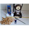 Image 1 : Group of golf products. Letter opener, clock, new pepsi balls, tees & counter.