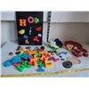 Image 1 : 1970's metal magnetic board with letters, animal & fruit magnets. Vintage toy tops, games etc.