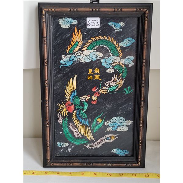 Framed Granite painted etching of Dragon & Phoenix. YIN & YANG