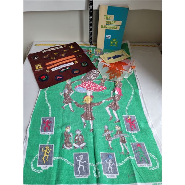 1960's Brownie & girl guide lot. Linen towel made in Ireland, 1965 guide book, scarf, pins, badges &