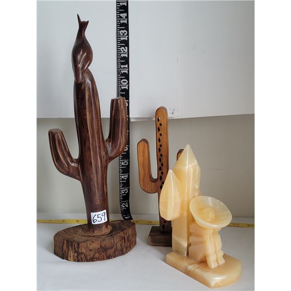 Rosewood cactus & bird, Alabaster mexican & cactus.