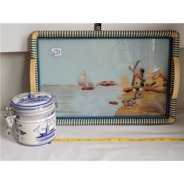 Mid century Holland serving tray & Delft hand painted storage container.