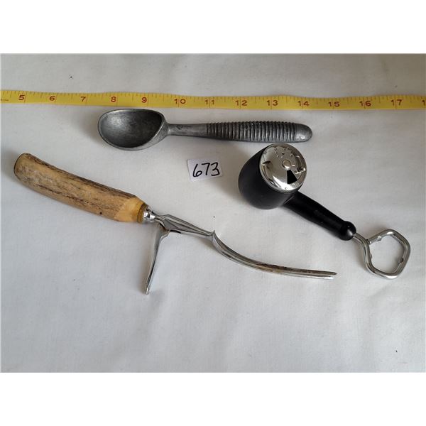 Vintage kitchen utensils. Sheffield England bone handle carving fork, ice cream scoop & pipe salt sh