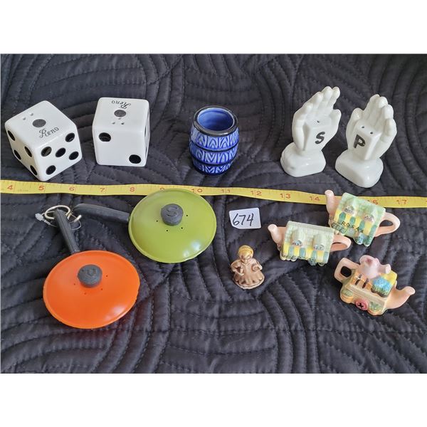 Assorted mid century salt & pepper shakers, toothpick barrel & Red Rose tea collectables. Fry pans m